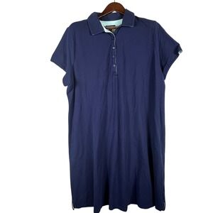 Lands End Womens 2X Polo Dress Jersey Button Front Navy Blue Casual Stretch Plus